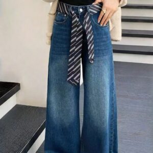 🩷chic 春秋新裝! 翻邊直筒闊腳牛仔褲