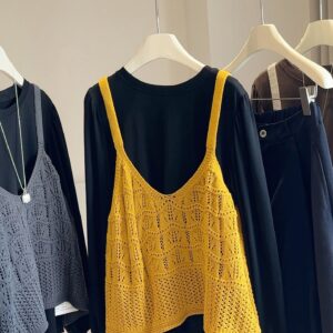 🩷chic 春秋新裝! 鉤花針織吊帶+燈籠袖T恤兩件套
