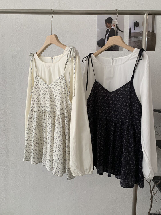 🩷chic 春秋新裝! 圓領一粒扣襯衫+碎花吊帶上衣兩件套