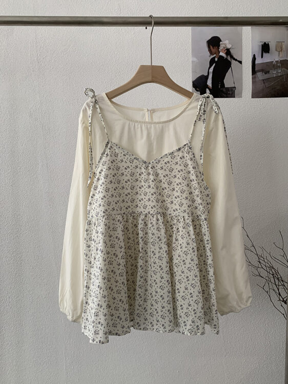 🩷chic 春秋新裝! 圓領一粒扣襯衫+碎花吊帶上衣兩件套