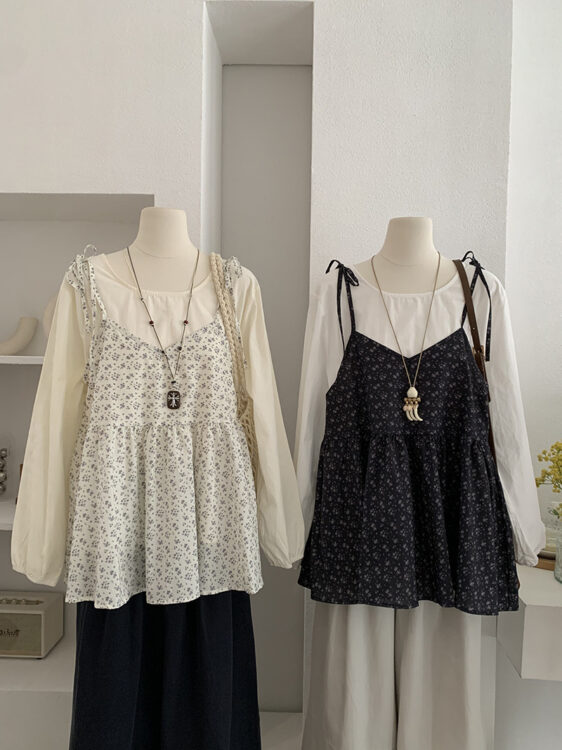 🩷chic 春秋新裝! 圓領一粒扣襯衫+碎花吊帶上衣兩件套
