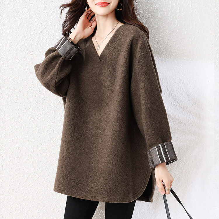PLUS SIZE💗加大碼條紋摺袖加厚毛絨長款上衣