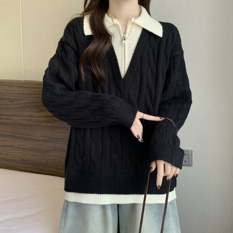 PLUS SIZE💗加大碼撞色拼接領假兩件麻花毛衣：圖片 2