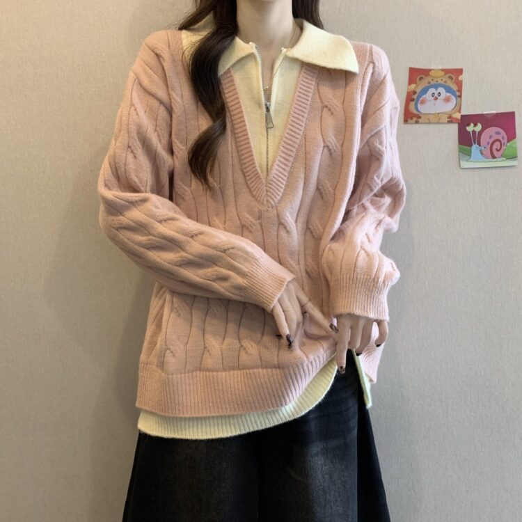 PLUS SIZE💗加大碼撞色拼接領假兩件麻花毛衣