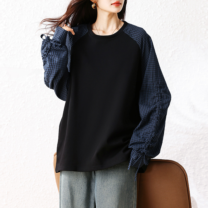 PLUS SIZE💗 拼接格子束繩袖假兩件衛衣：圖片 6