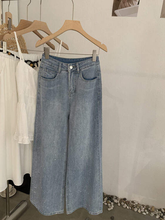 🩷chic 新裝! 韓系燙鑽闊腿直筒牛仔褲