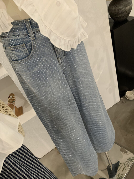 🩷chic 新裝! 韓系燙鑽闊腿直筒牛仔褲