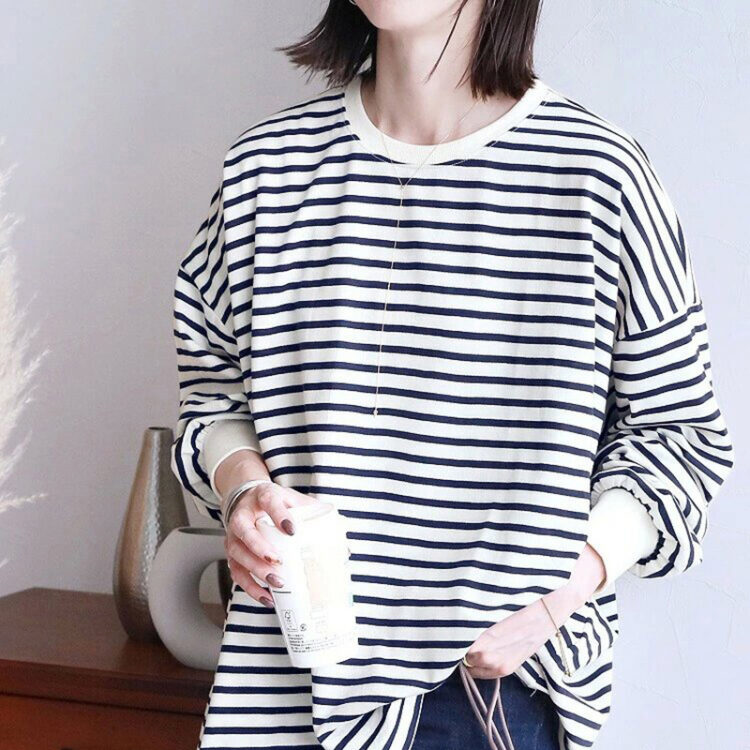 🩷chic 春秋新裝! 寬鬆棉質大版條紋衛衣