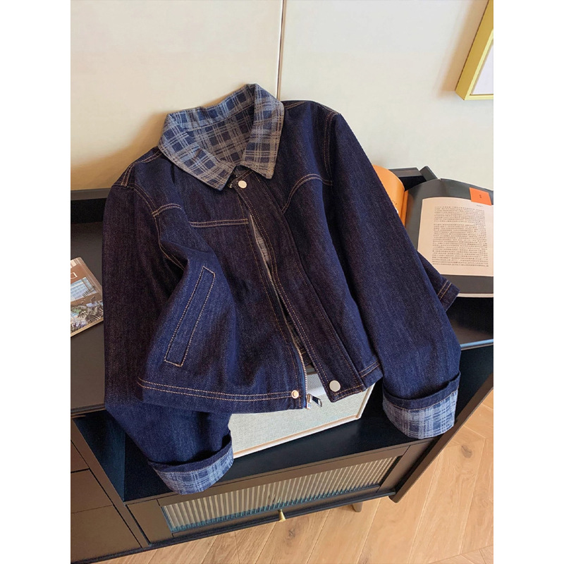 🩷chic 春秋新裝! 格仔拼接牛仔外套：圖片 1