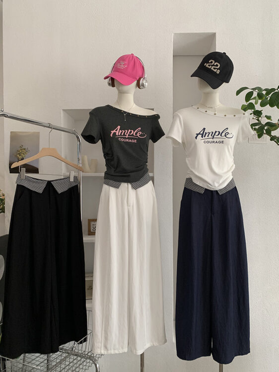 🩷chic 新裝! 格仔拼接褲頭闊腿長褲