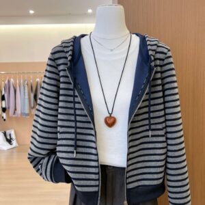 🩷chic 春秋新裝!美式復古條紋連帽拉鍊外套：圖片 6