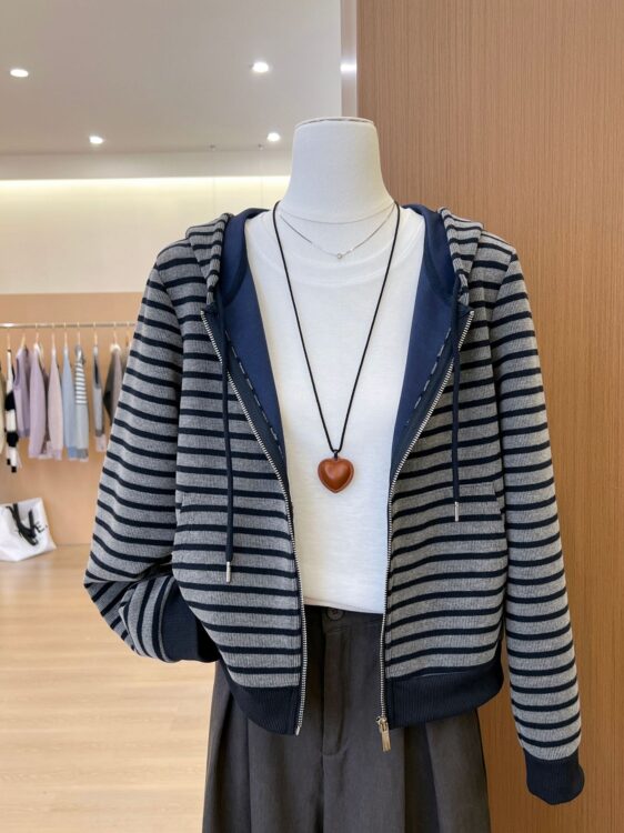 🩷chic 春秋新裝!美式復古條紋連帽拉鍊外套