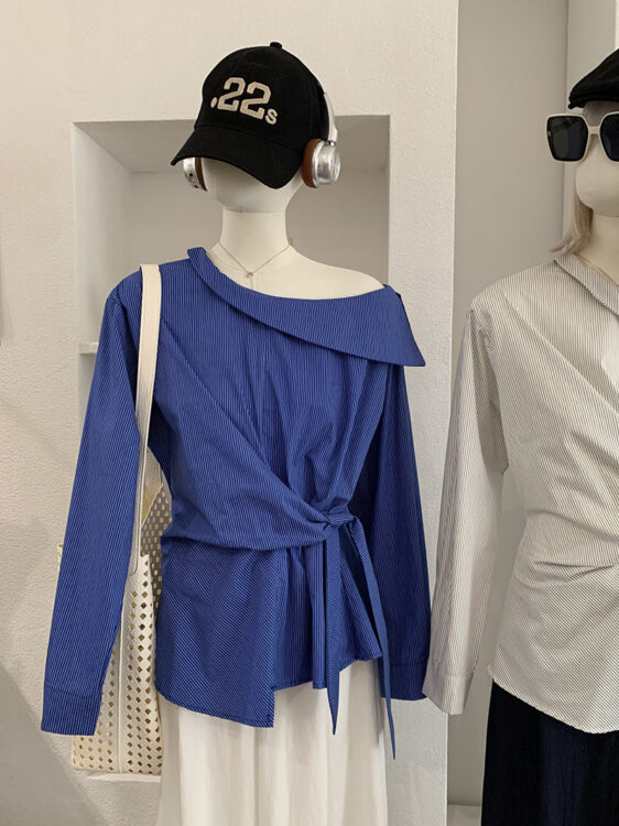 🩷chic 新裝! 斜領露肩直紋上衣