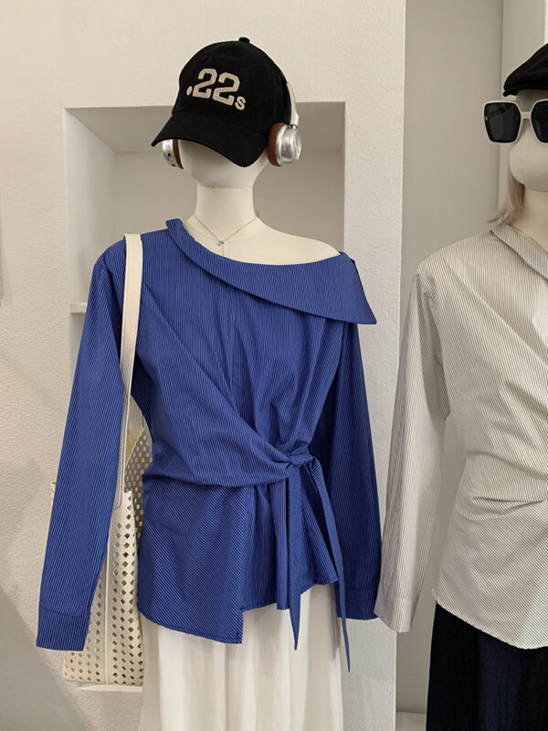 🩷chic 新裝! 斜領露肩直紋上衣