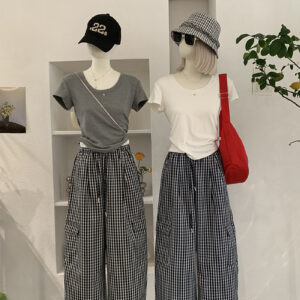 🩷chic 新裝! 格子高腰抽繩直筒褲：圖片 2