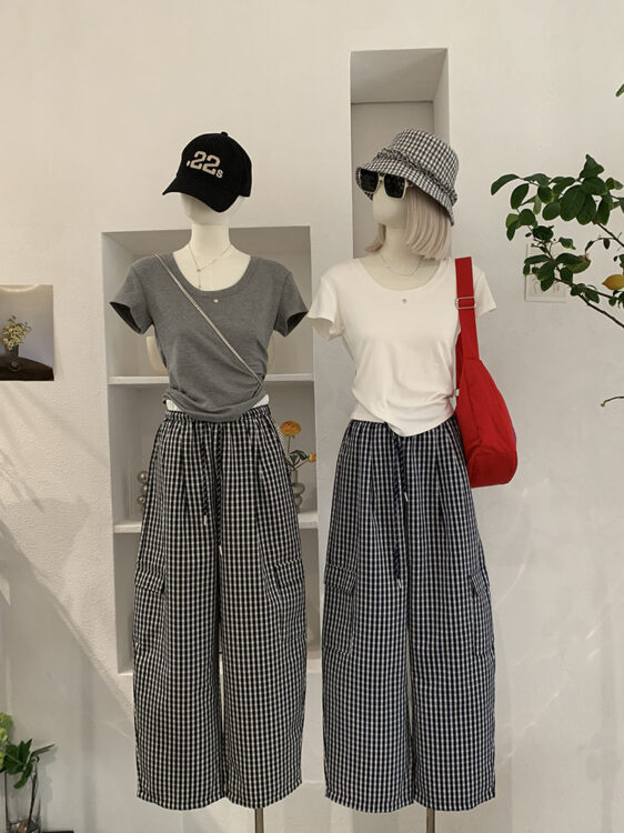 🩷chic 新裝! 格子高腰抽繩直筒褲