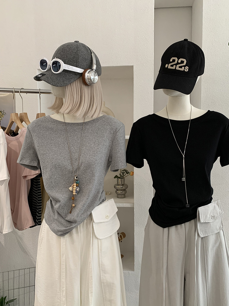 🩷chic 新裝! 側褶皺圓領純色T恤：圖片 2