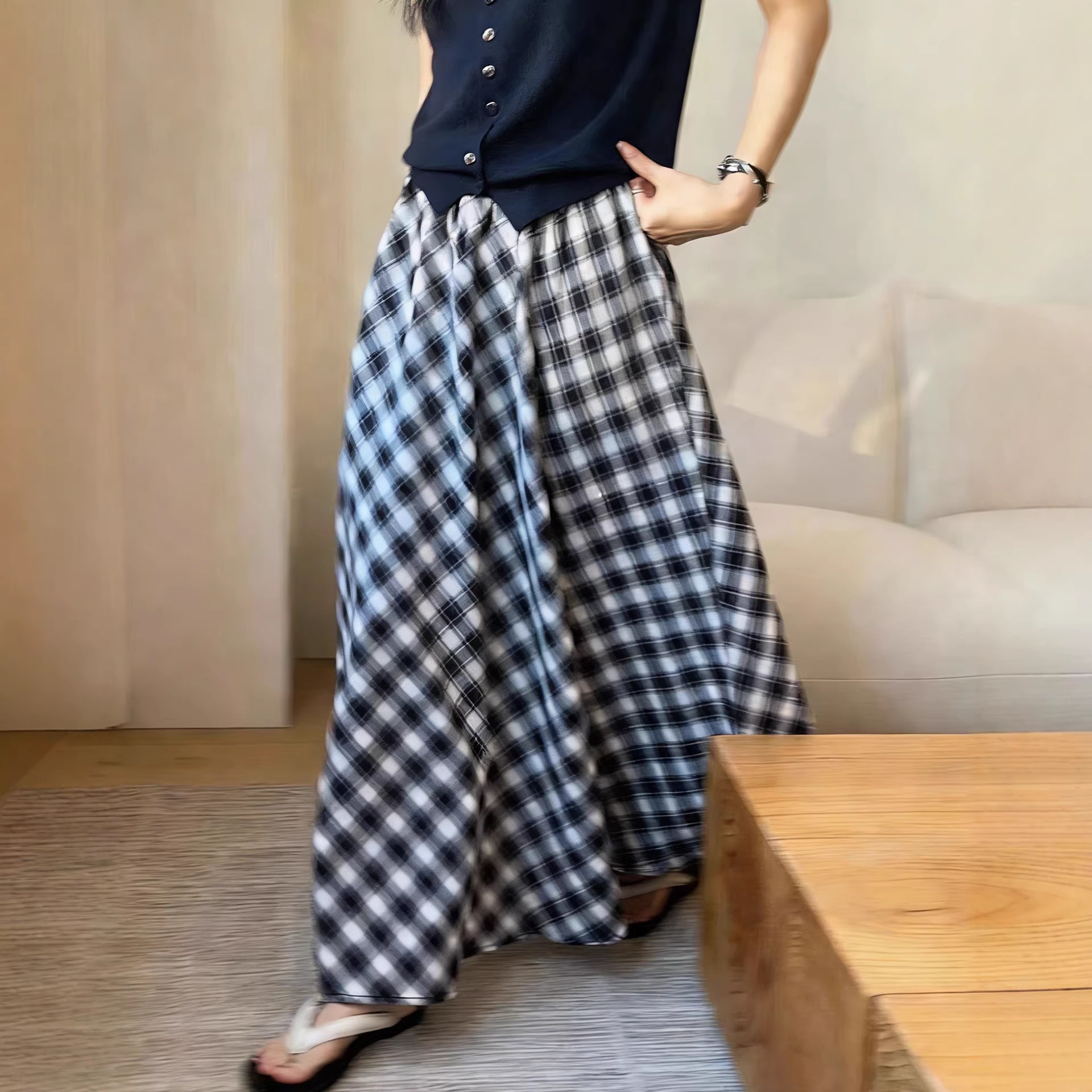 🩷chic 春夏新裝! 森系高腰顯瘦格紋半身裙：圖片 1