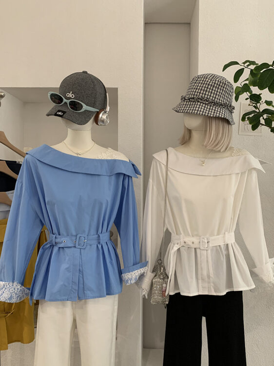 🩷chic 春季新裝! 不規則斜肩LACE拼接配腰帶斜肩襯衫