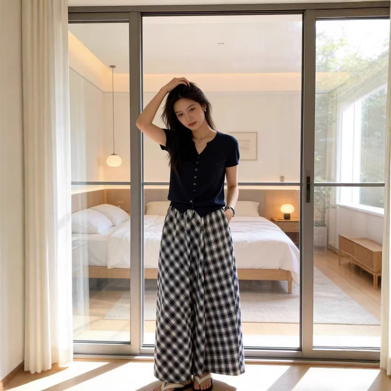 🩷chic 春夏新裝! 森系高腰顯瘦格紋半身裙：圖片 4