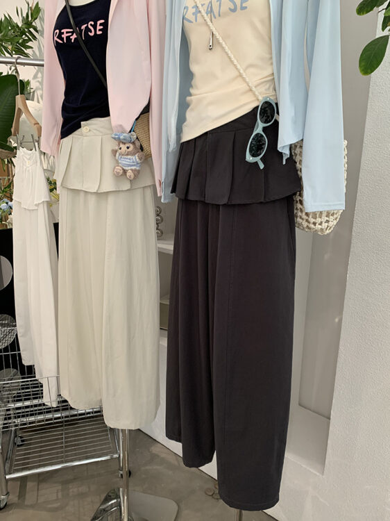 🩷chic 新裝! 百褶花邊假兩件寬鬆休閒長褲