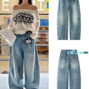 🩷chic 春夏新裝!KT吊牌復古做舊闊腿牛仔褲：圖片 1