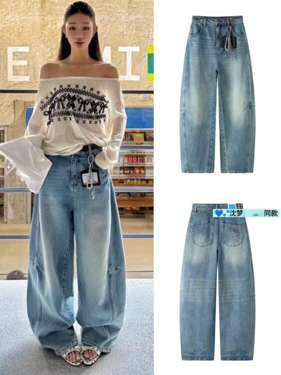 🩷chic 春夏新裝!KT吊牌復古做舊闊腿牛仔褲