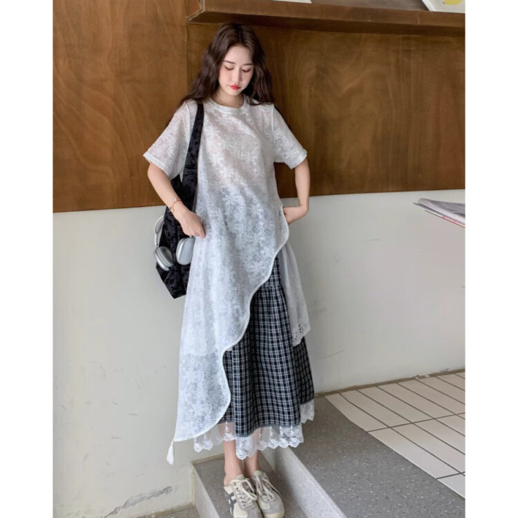 🩷chic 新裝!波希米亞中長款短袖不規則網紗Lace襯衫