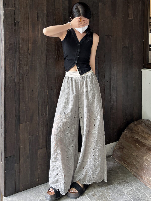 薄款重工刺繡勾花鏤空蕾絲九分直筒褲女2026夏季新款顯瘦闊腿褲子