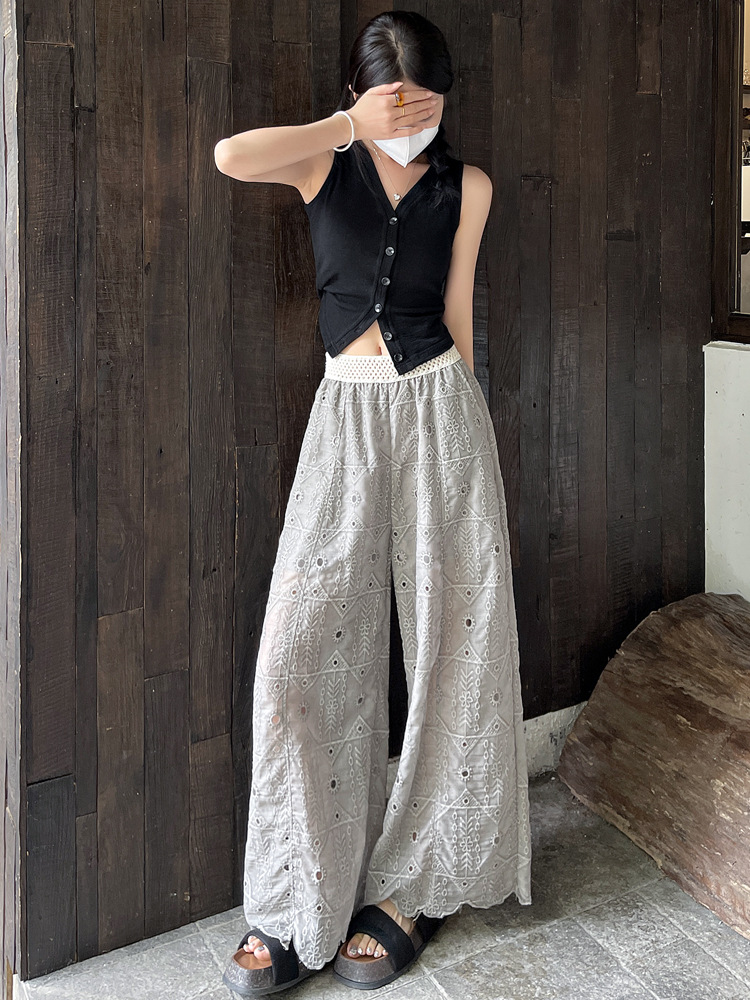 薄款重工刺繡勾花鏤空蕾絲九分直筒褲女2026夏季新款顯瘦闊腿褲子：圖片 12