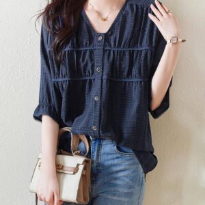 PLUS SIZE💗 V領天絲褶皺襯衫：圖片 1