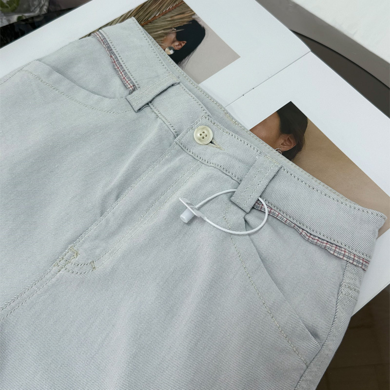 🩷chic 新裝!腰邊格仔裝飾牛仔棉直筒白色牛仔褲：圖片 3