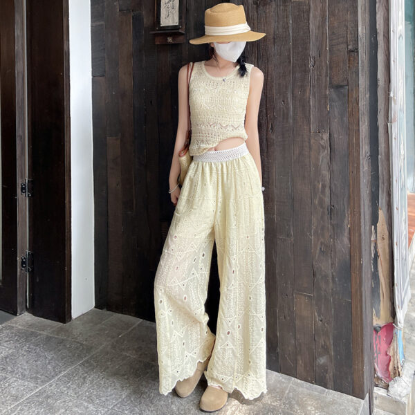 薄款重工刺繡勾花鏤空蕾絲九分直筒褲女2026夏季新款顯瘦闊腿褲子