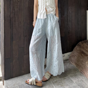 薄款重工刺繡勾花鏤空蕾絲九分直筒褲女2026夏季新款顯瘦闊腿褲子：圖片 3