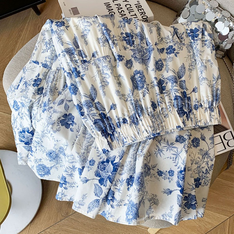 夏季流行藍色印花口袋半身裙女新款碎花裙子字中長款：圖片 4