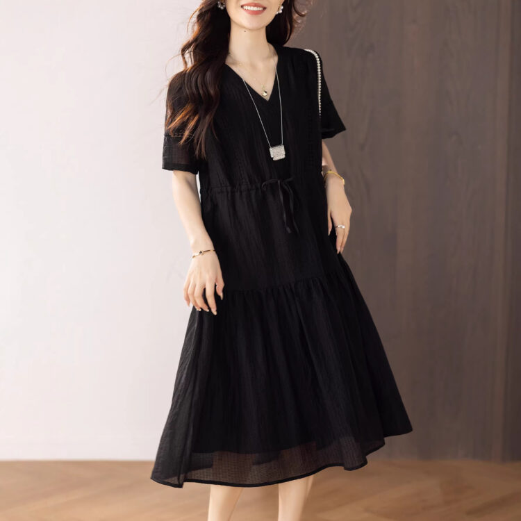 PLUS SIZE💗大碼法式V領雪紡收腰連衣裙