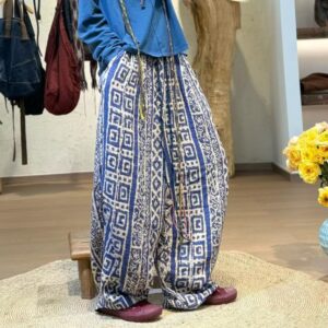 🩷chic 春夏新裝! 橡筋腰藍染寬鬆棉麻直筒褲：圖片 4