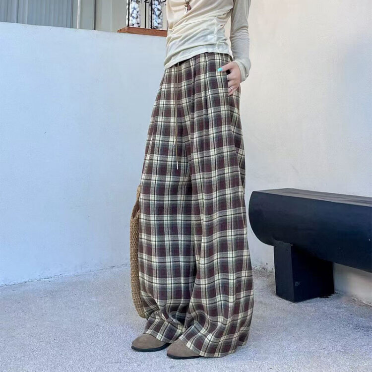 🩷chic 新裝!復古拼接格子垂感闊腳褲