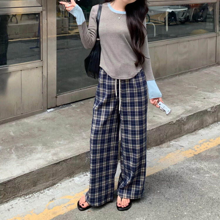 🩷chic 新裝!復古拼接格子垂感闊腳褲
