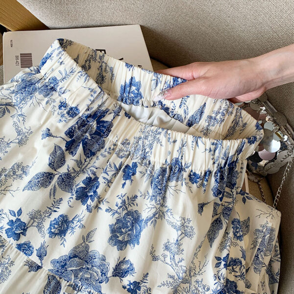 夏季流行藍色印花口袋半身裙女新款碎花裙子字中長款