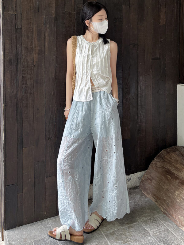 薄款重工刺繡勾花鏤空蕾絲九分直筒褲女2026夏季新款顯瘦闊腿褲子