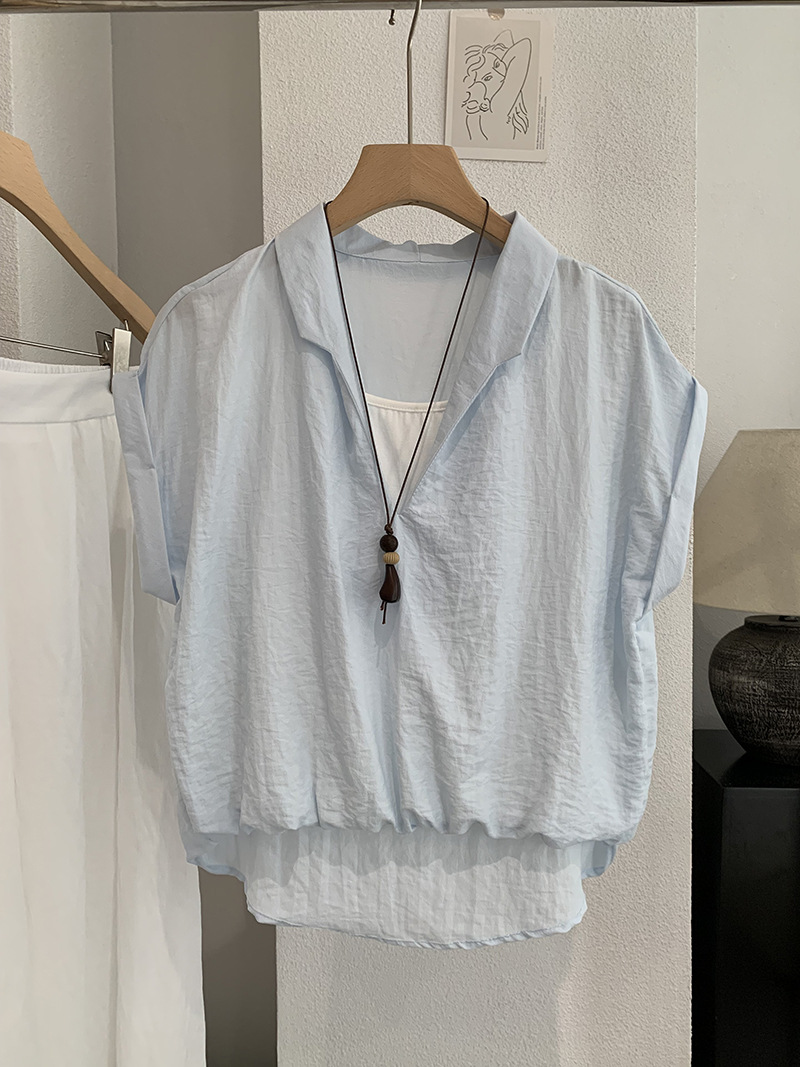 🩷chic 新裝! 假兩件V領短袖襯衫：圖片 7