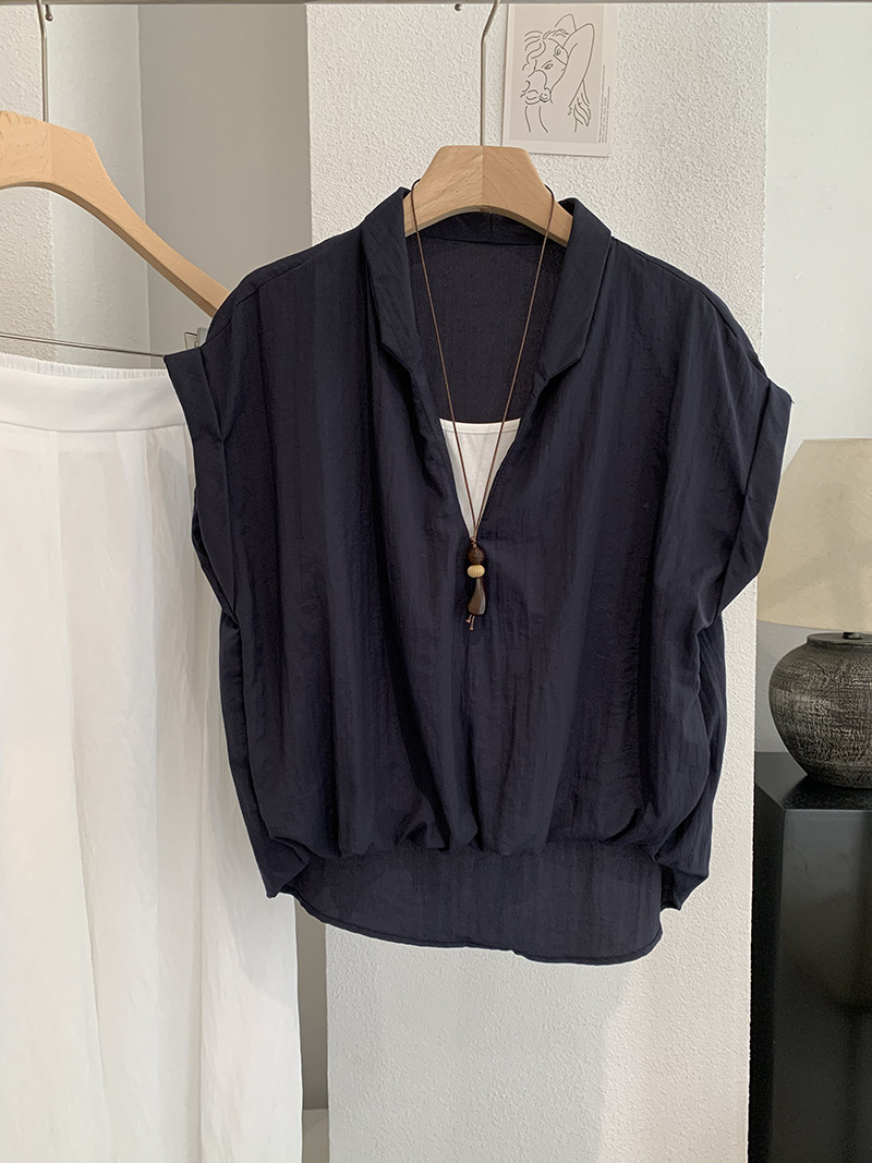 🩷chic 新裝! 假兩件V領短袖襯衫：圖片 10