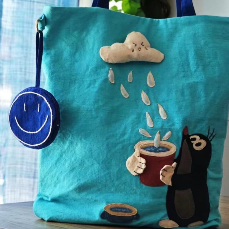 日系雨滴雲朵刺繡帆布購物袋