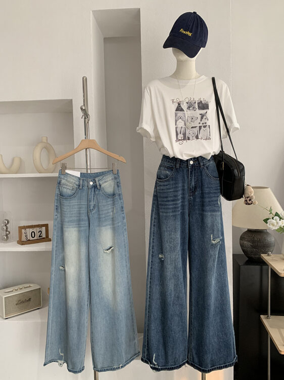🩷chic 新裝! 高腰破洞水洗牛仔褲