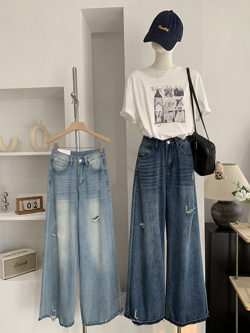 🩷chic 新裝! 高腰破洞水洗牛仔褲：圖片 2
