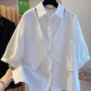 PLUS SIZE💗高級感薄款假兩件恤衫：圖片 5