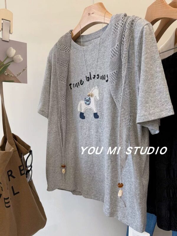 PLUS SIZE💗立體釘珠+lace巾T恤