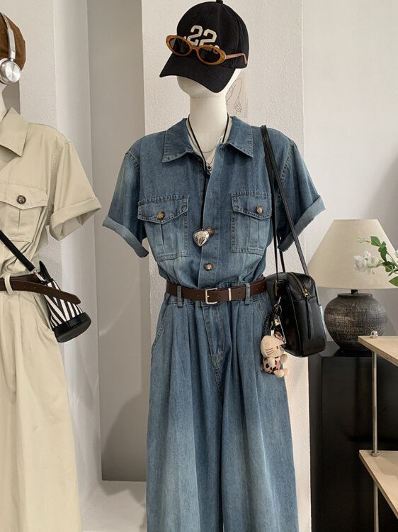 🩷chic 新裝! 韓版工裝牛仔闊腳連身褲