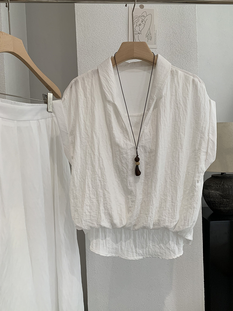 🩷chic 新裝! 假兩件V領短袖襯衫：圖片 6